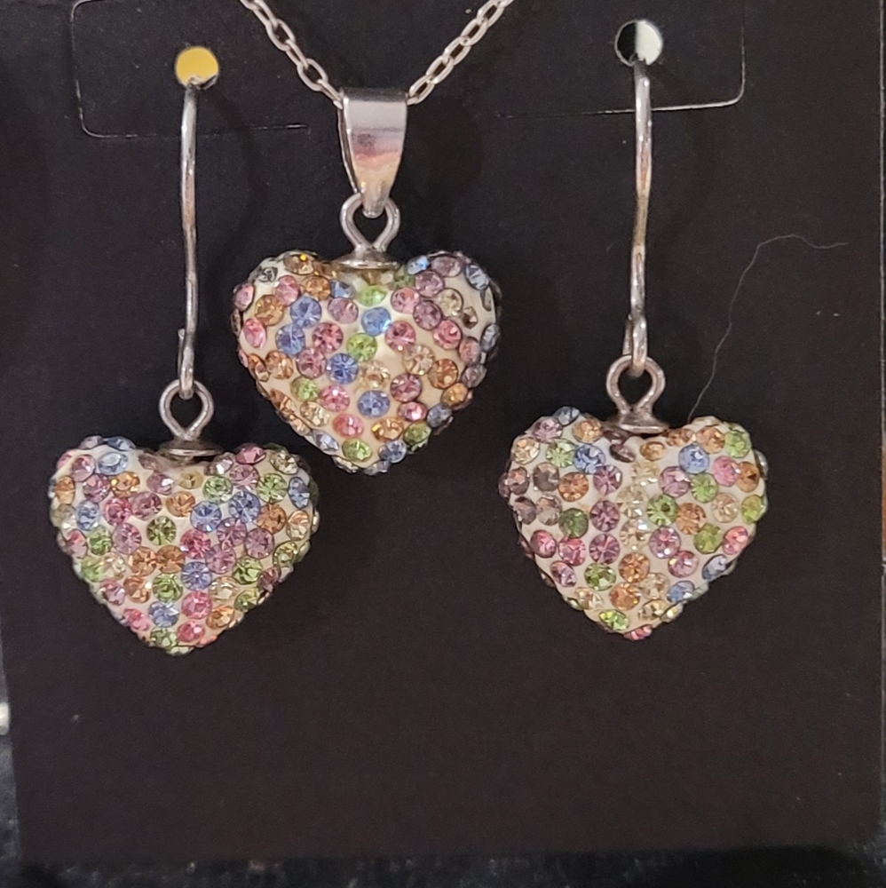 Puffy Heart with Rhinestone Pendant and Earrings